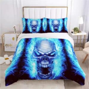 Electrifying Blue Horror Skull Flames Vibrant Bedding Set