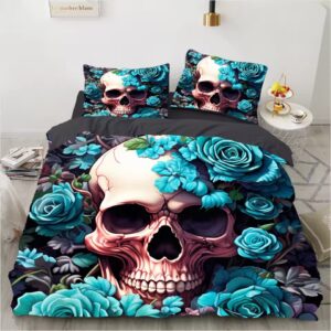 Elegant Blue Rose Garden Gothic Skull Art Bedding Set