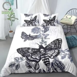 Elegant Gothic Skull Moth Monochrome Floral Bedding Set