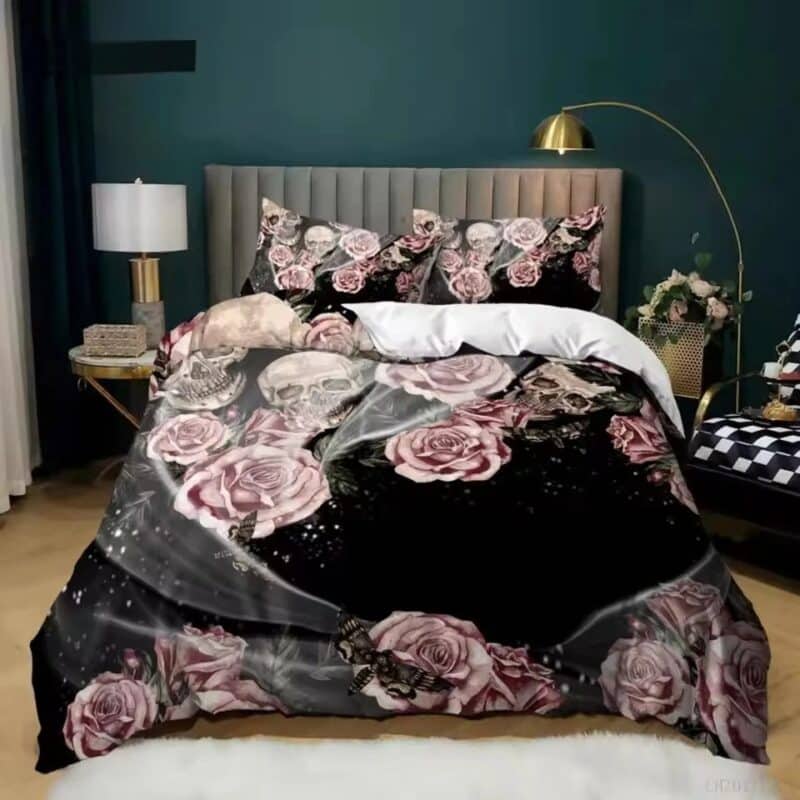 Elegant Gothic Skull Roses Smoke Aura Black Bedding Set