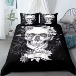 Elegant Monochrome Floral Skull Sketch Art Bedding Set