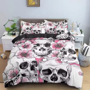 Elegant Skull Sakura Floral Graphic White Bedding Set