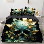 Emerald Intricate Golden Vines Skull Art Bedding Set