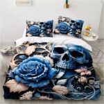 Ethereal Blue Skull Gothic Roses Vines Graphic Bedding Set