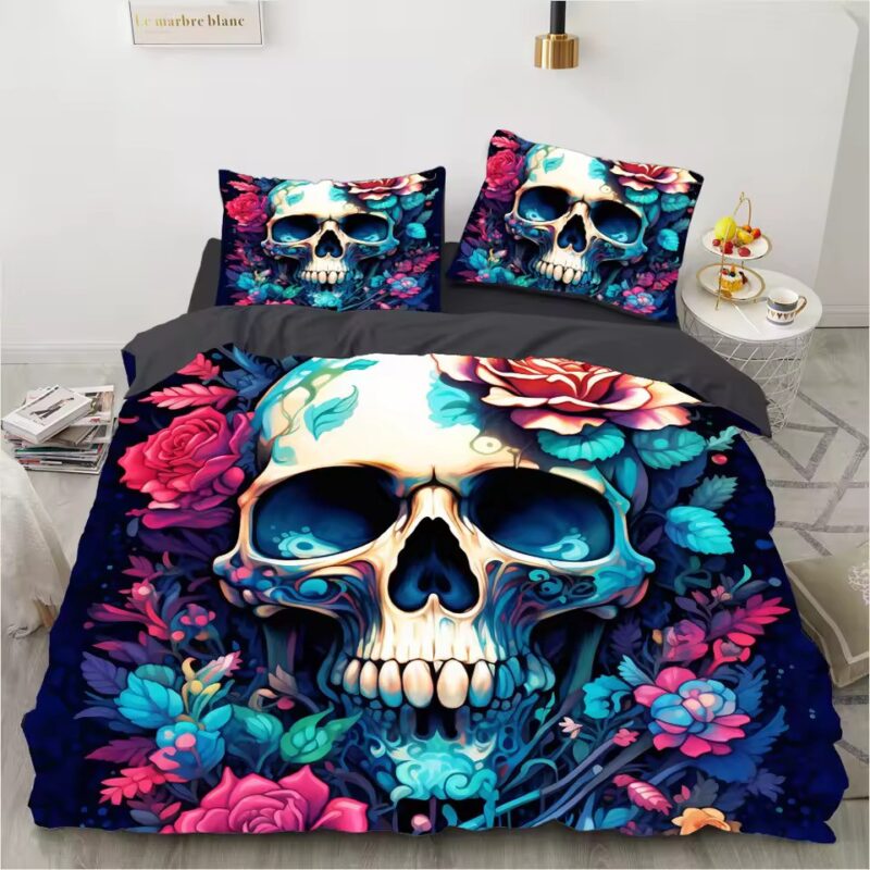 Ethereal Neon Skull Floral Bloom Graphic Bedding Set