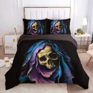 Ethereal Purple Blue Grim Reaper Skull Black Bedding Set