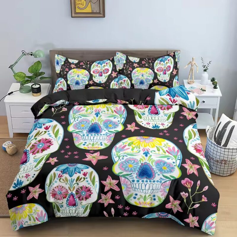 Festive Colorful Sugar Skull Floral Black Bedding Set