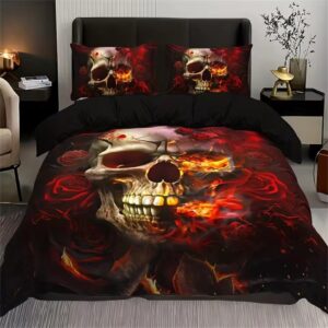 Fiery Infernal Cracked Skull Red Roses Art Bedding Set