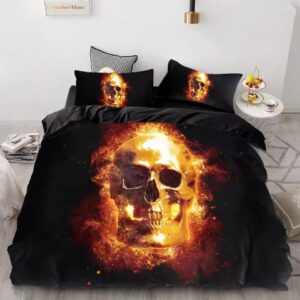 Flaming Inferno Skull Black & Gold Gothic Bedding Set