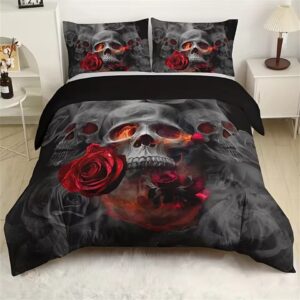 Flaming Skull Red Rose Smoke Gothic Artwork Bedding Set