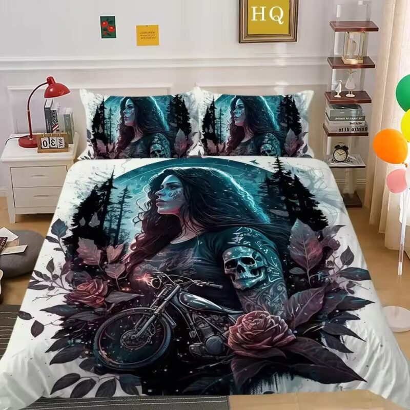 Gothic Biker Woman Skull Tattoo Midnight Forest Bedding Set