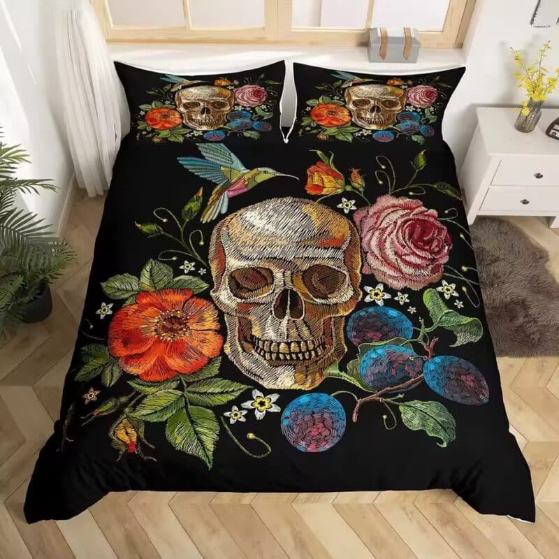 Gothic Boho Embroidered Skull Floral Garden Bedding Set