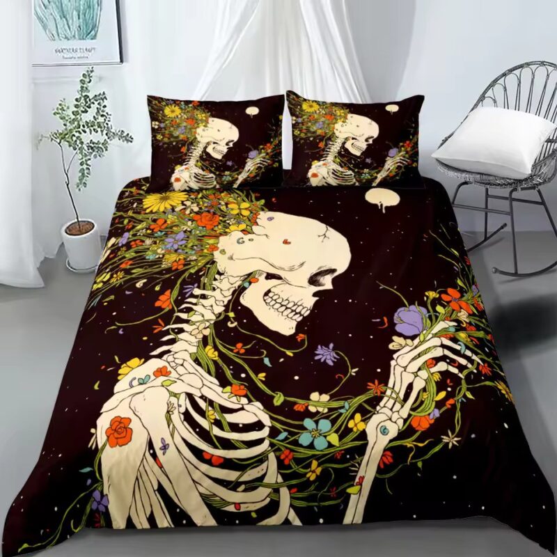 Gothic Floral Bloom Skeleton Graphic Black Bedding Set