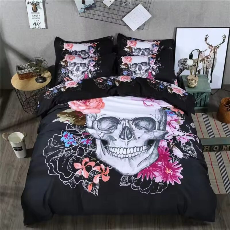 Gothic Floral Skull Edgy Chic Graphic Black Bedding Set