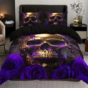 Gothic Golden Skull Midnight Purple Roses Bedding Set