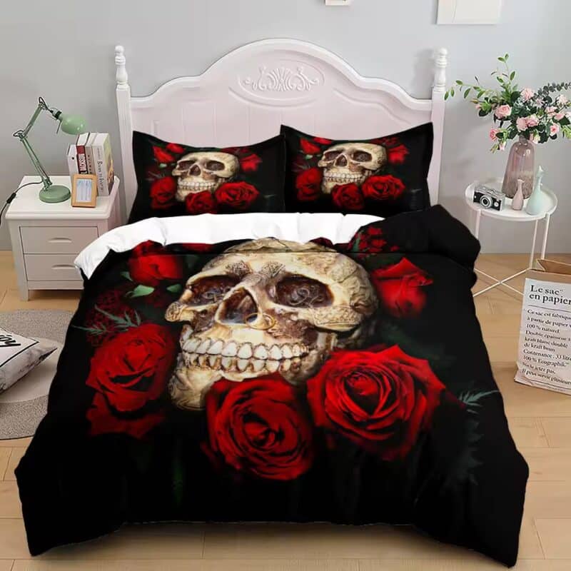 Gothic Grunge Skull Red Roses Graphic Black Bedding Set