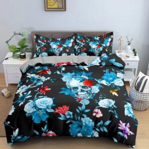 Gothic Midnight Blue Floral Skull Artwork Bedding Set