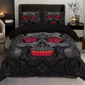 Gothic Monochrome Intricate Sugar Skull Rose Eye Bedding Set