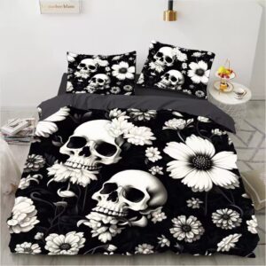 Gothic Noir Skull Monochrome Floral Garden Bedding Set