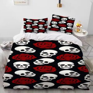 Gothic Red Black Skull Rose Print Pattern Bedding Set