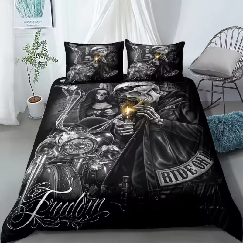 Gothic Ride or Die Biker Skull Couple Freedom Bedding Set