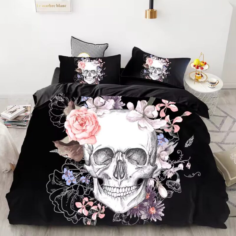 Gothic Romantic Floral Skull Black & Pink Bedding Set