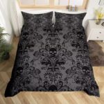 Gothic Shadow Skull Damask Floral Design Gray Bedding Set