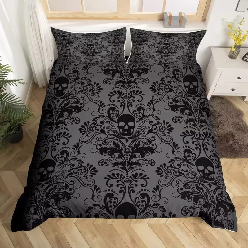 Gothic Shadow Skull Damask Floral Design Gray Bedding Set