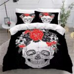 Gothic Skull & Red Roses Floral Graphic Black Bedding Set