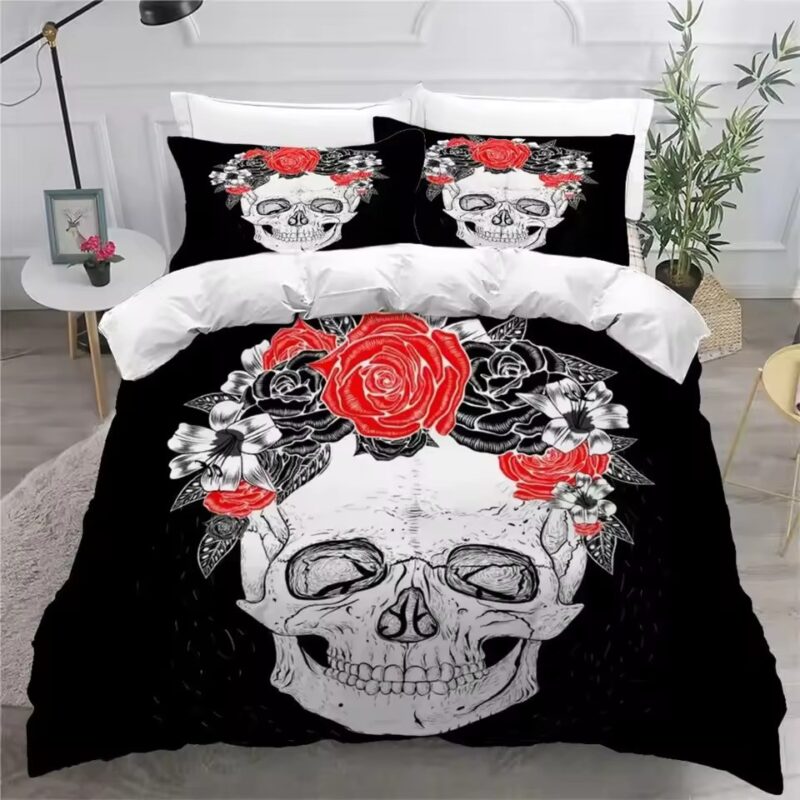 Gothic Skull & Red Roses Floral Graphic Black Bedding Set