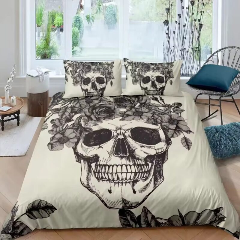 Gothic Vintage Floral Monochrome Skull Art Bedding Set