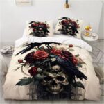 Haunted Dark Raven Crimson Roses Skull Horror Bedding Set