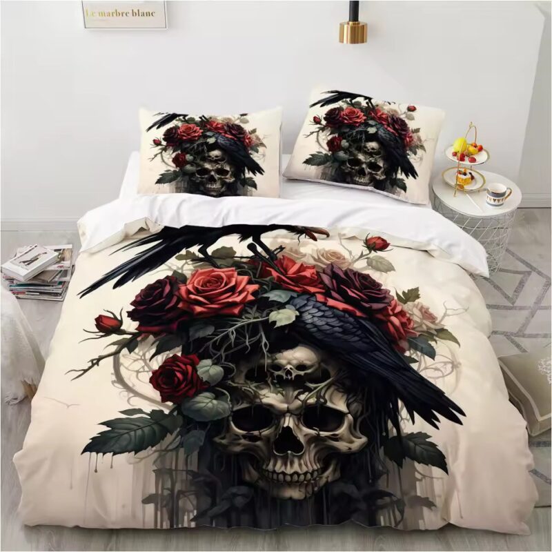 Haunted Dark Raven Crimson Roses Skull Horror Bedding Set