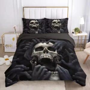 Haunting Skull and Shadow Hands Gothic Black Bedding Set