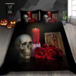 Horror Gothic Skull & Red Candle Drip Rose Bedding Set