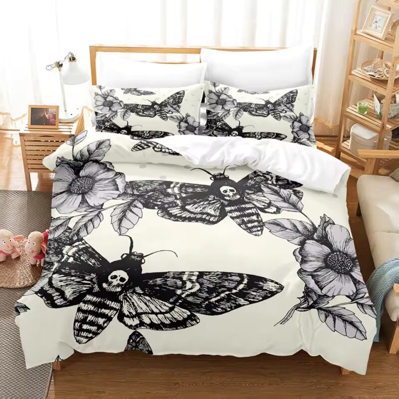 Monochrome Floral Death Moth Skull Artwork Bedding Set