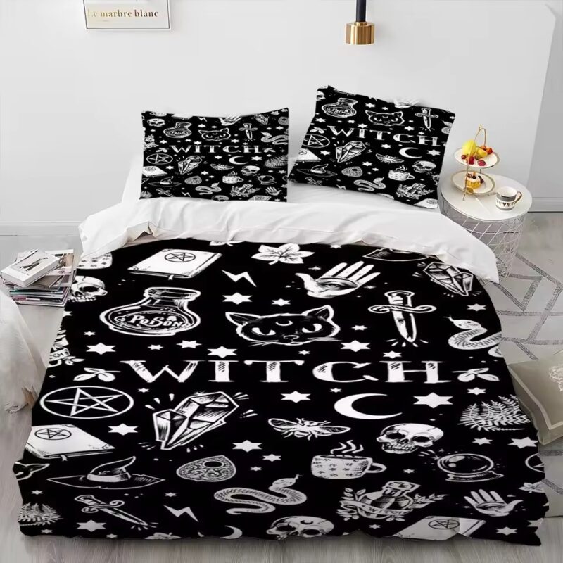 Mystic Witchcraft Gothic Skulls Icons Black Bedding Set