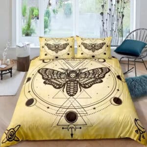 Mystical Skull Moth Lunar Phases Vintage Golden Bedding Set