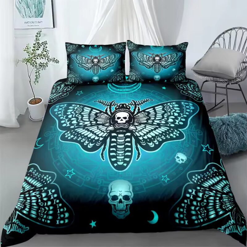 Neon Glow Horror Death Moth Skull Star Icons Bedding Set