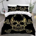 Ornate Golden Skull & Crossbones Black Gothic Bedding Set