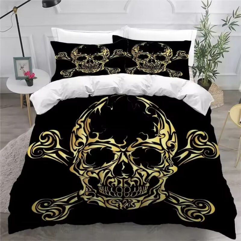 Ornate Golden Skull & Crossbones Black Gothic Bedding Set