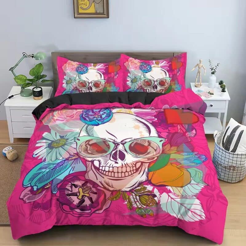 Pink Floral Aesthetic Boho Skull Shades Bedding Set