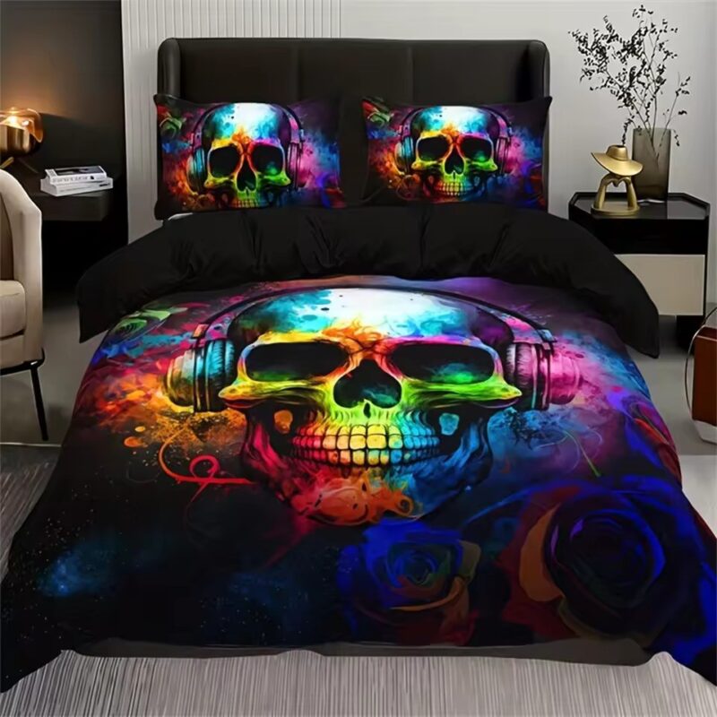 Psychedelic Skull DJ Neon Color Rave Energy Bedding Set