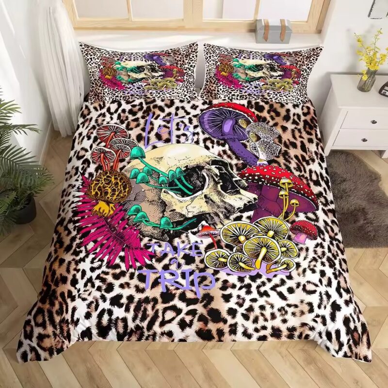 Psychedelic Skull Mushroom Leopard Print Bedding Set