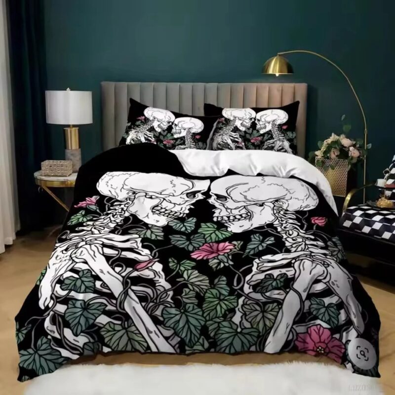 Romantic Skeleton Couple Floral Gothic Black Bedding Set