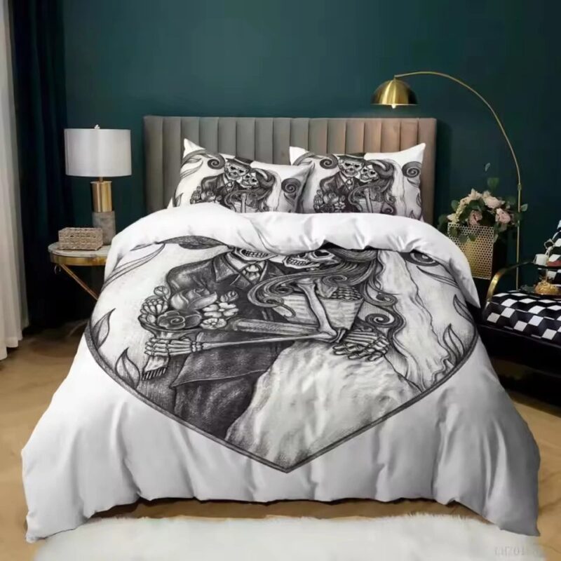 Romantic Skeleton Lovers Gothic Heart White Bedding Set