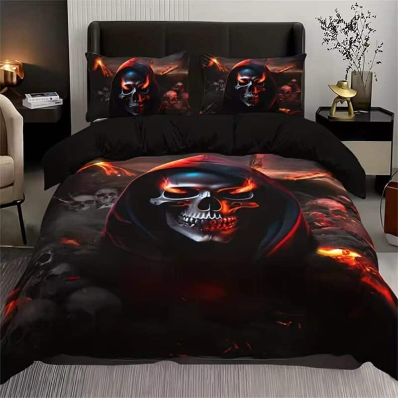 Sinister Fiery Eyes Grim Reaper Skeleton Horror Bedding Set