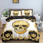 Smiling Gold Skull Baroque Floral Luxury Art Bedding Set