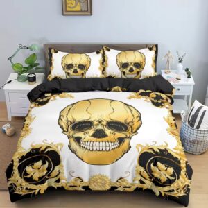 Smiling Gold Skull Baroque Floral Luxury Art Bedding Set