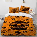 Spooky Halloween Horror Skull Weed Leaves Orange Bedding Set